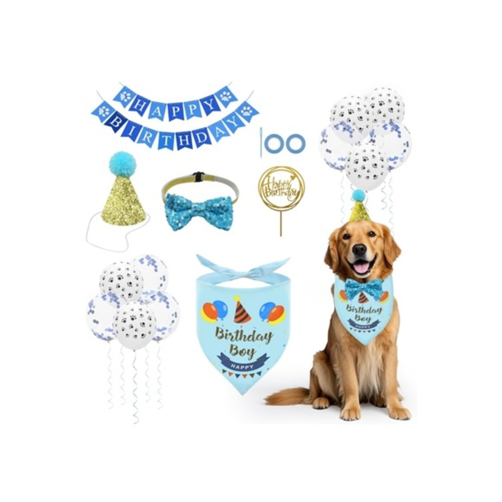 Dog Blue Bandana Set with Hat, Scarf, Banner, Balloons and Bowtie